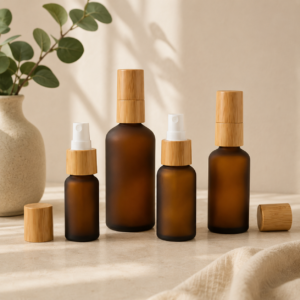 Amber Frosted Glass Spray Bottle with Bamboo Pump